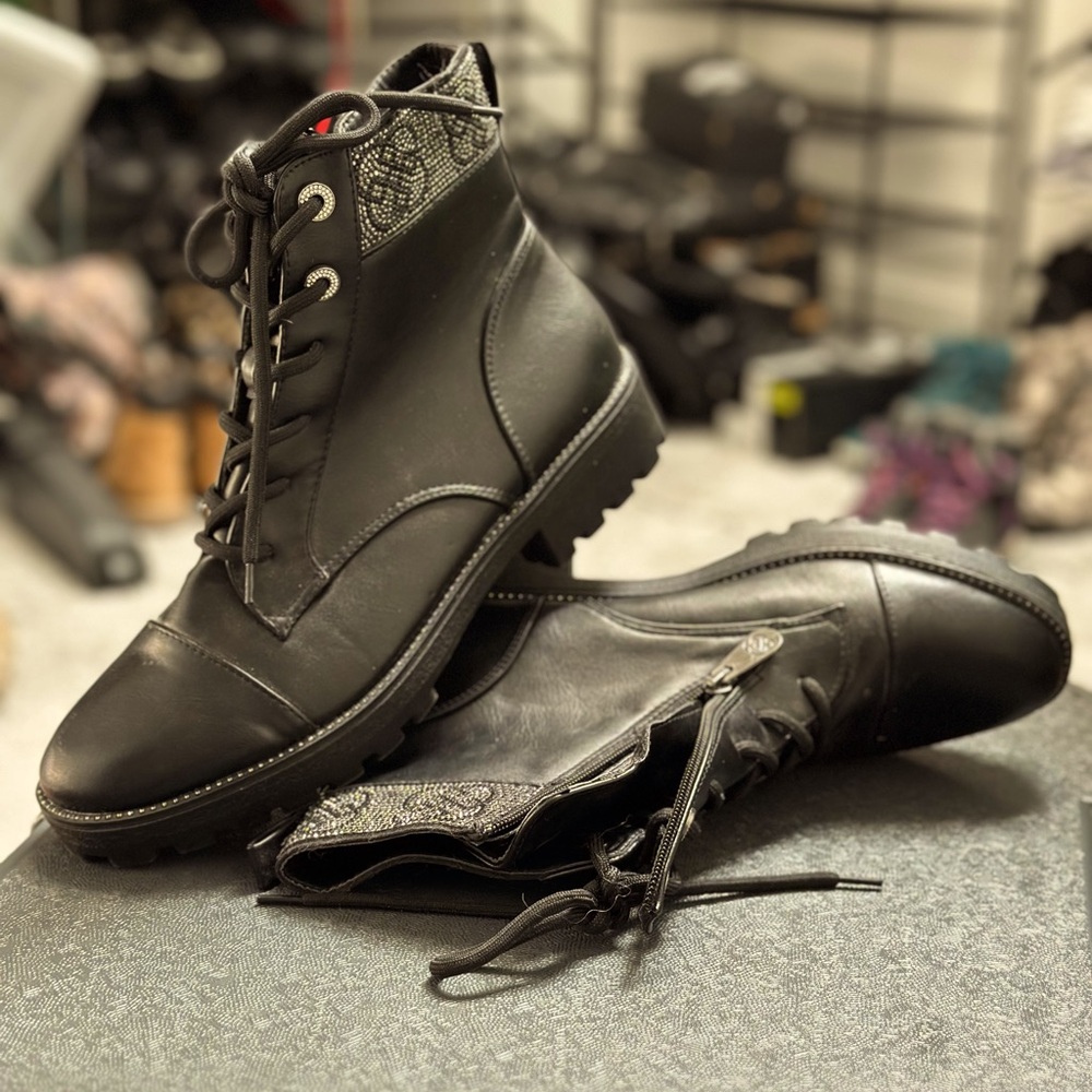 Black Daisy Fuentes combat boots with bead accents. Size 10